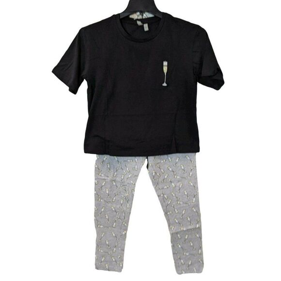Asos Womens Size 4 Black Gray Champagne Glass Short Sleeve Pajama Top Bottom Set - Picture 1 of 12